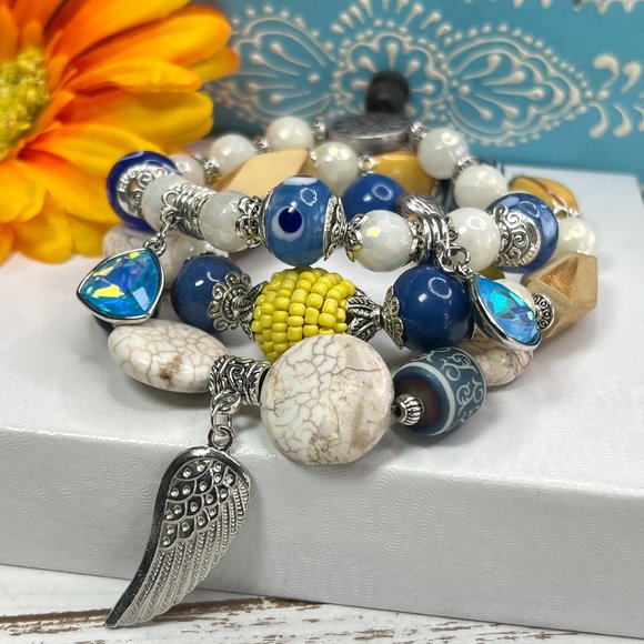 Bohemian Bracelet Stack Gemstone Crystal Handmade Blown Glass Bead Howlite New! - Picture 10 of 11